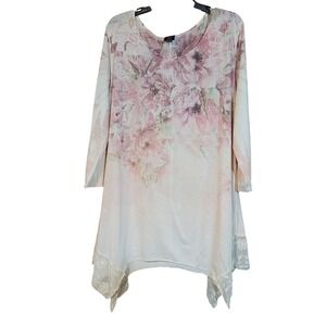 Vtg CalStyle Women 2XL Floral Rhinestone Sharkbite Tunic Top Pink Lace Trim Y2K